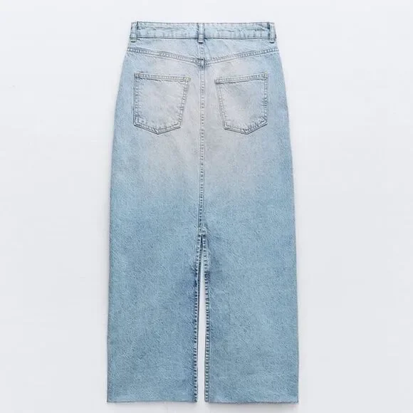 ZARA Z1975 PINK WASHED SLIT DENIM SKIRT - Picture 7 of 13